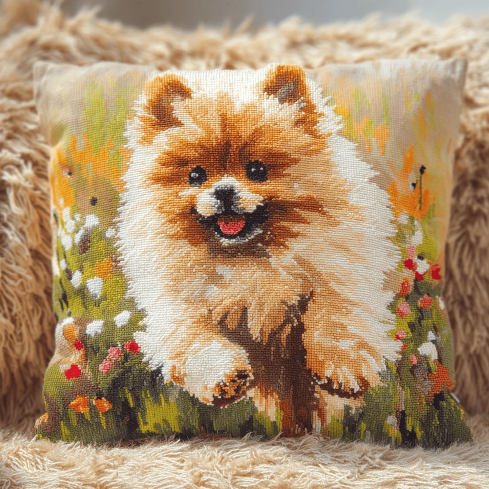 XDEGHUANGSS Make Your Own Cushion,DIY Latch Hook Pillow Kit (43x43cm),Yarn Craft Project for Adults & Teens,Includes Canvas,Hook & Precut Yarn,Flower Pomeranian