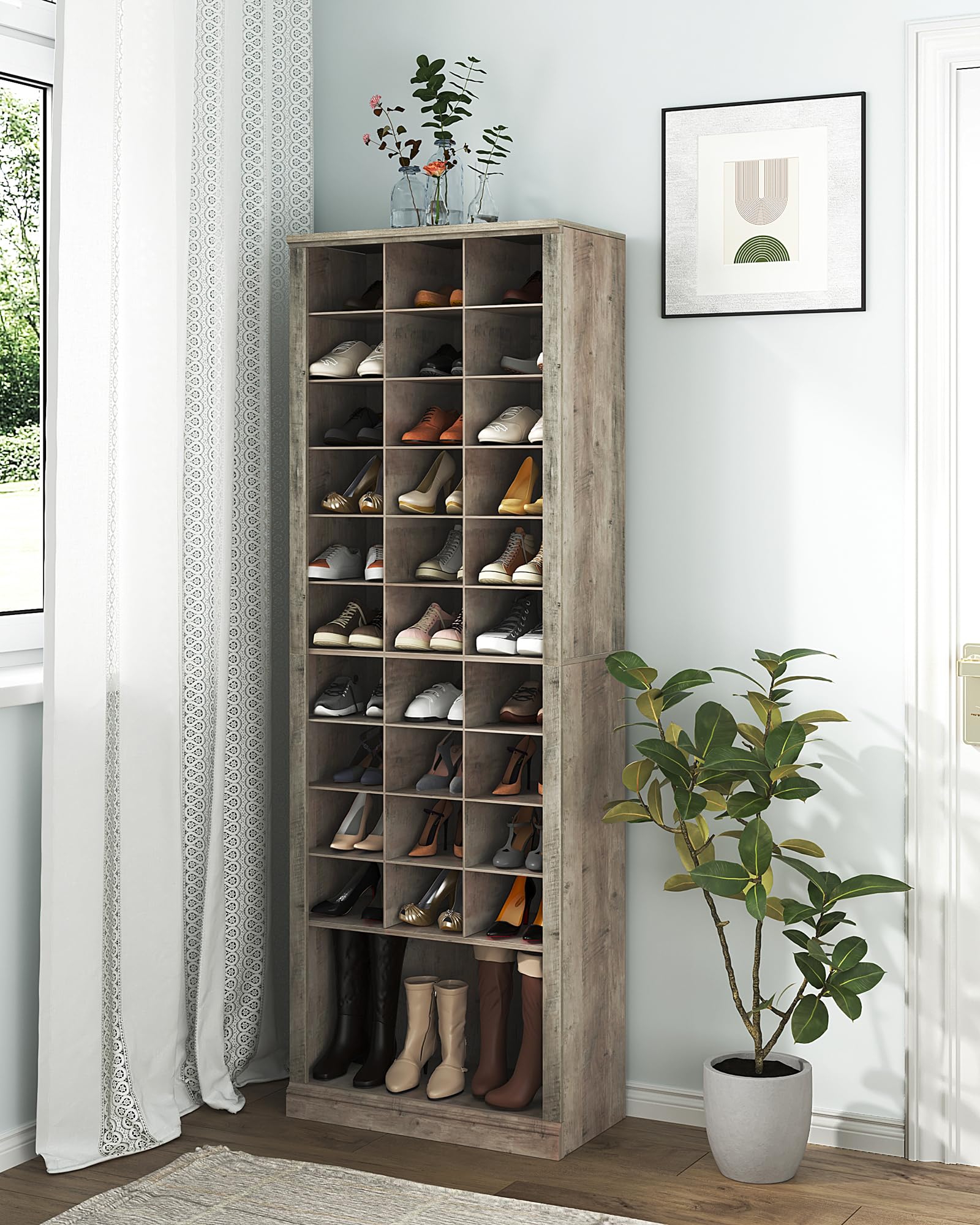 Hzuaneri 11-Tier Shoe Storage Cabinet, 31 Open Cubbie Shoe Storage Organizer, Free Standing Space Saving Shoe Rack for Entryway, Closet, Bedroom, White SR02005B