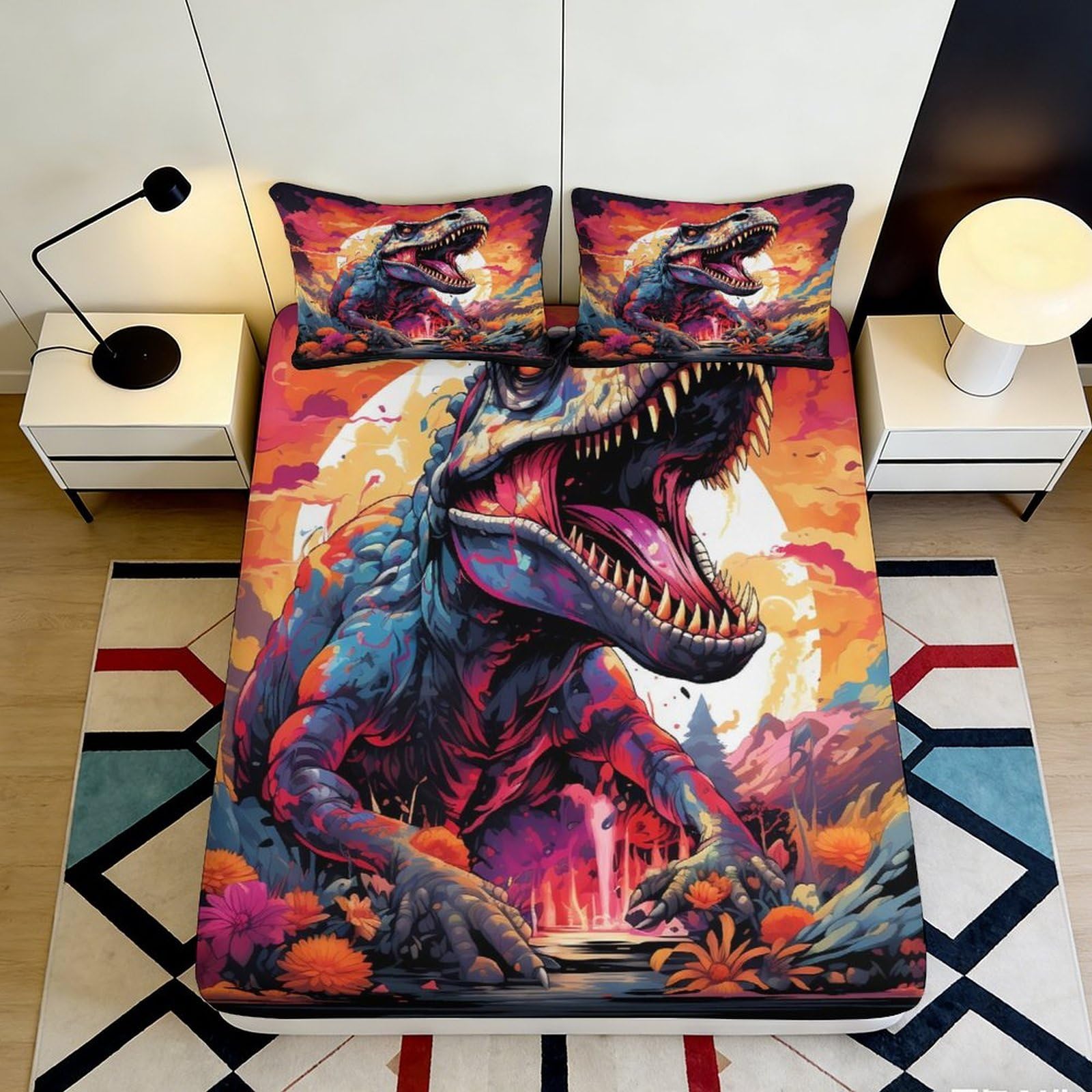 3D Printed Dinosaur Fitted Sheet Microfiber Soft Breathable Colorful Bed Cover with T-Rex Design for Bedroom Dormitory Guest Room Mattress Protection 160x200x25cm