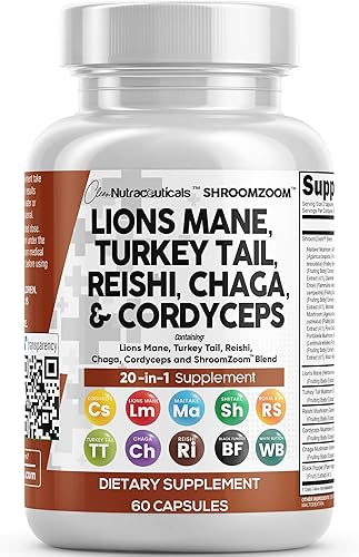Clean Nutraceuticals Lions Mane - Suplemento de hongos 20 en 1 con Turkey Tail Reishi Cordyceps Chaga Maitake Meshima Poria Cocos Shiitake Oyster