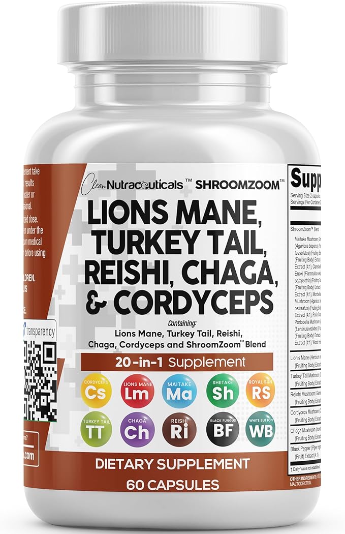 Clean Nutraceuticals Lions Mane 20in1 Mushroom Supplement with Turkey Tail Reishi Cordyceps Chaga Maitake Meshima Poria Cocos Shiitake Oyster Porcini Enoki - 1 Pack