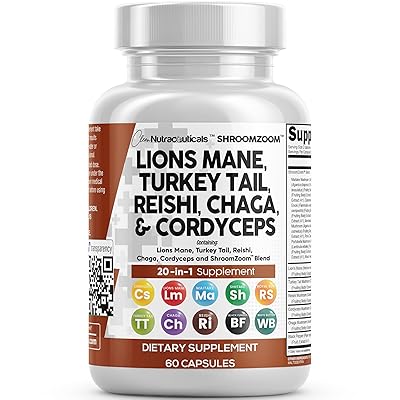 Clean Nutraceuticals Lions Mane 20in1 Mushroom Supplement with Turkey Tail Reishi Cordyceps Chaga Maitake Meshima Poria Cocos Shiitake Oyster Porcini Enoki - 1 Pack
