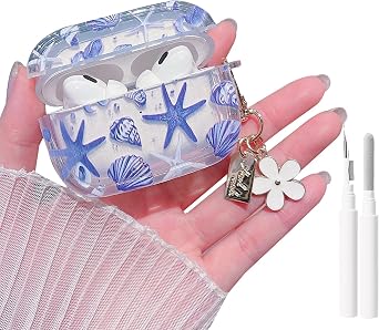 MINSCOSE for AirPods Pro 2nd/1st Generation Case,Cute Seashell and Starfish Pattern Design with Keychain,Soft TPU Protective Shockproof Case with Cleaner Kit for AirPods Pro/Pro 2-Blue