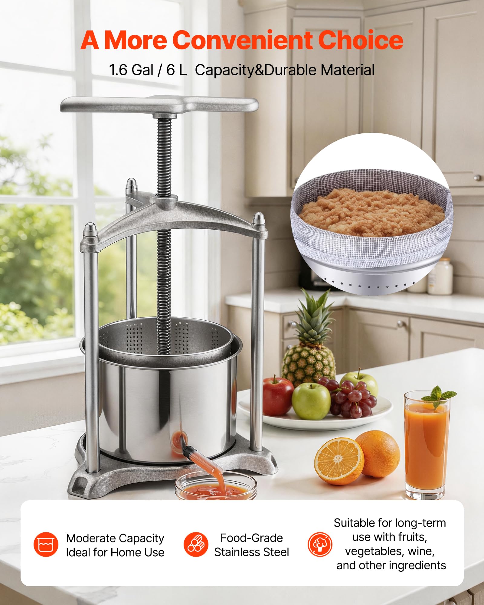VEVOR Pressoir à Fruits Manuel 6 L, Presse à Vin Traditionnelle en Acier Inoxydable, pour Fabrication de Cidre Jus Raisin Pomme Agrumes Légumes Cuisine, Presse Fruits avec Poignée en T Robuste