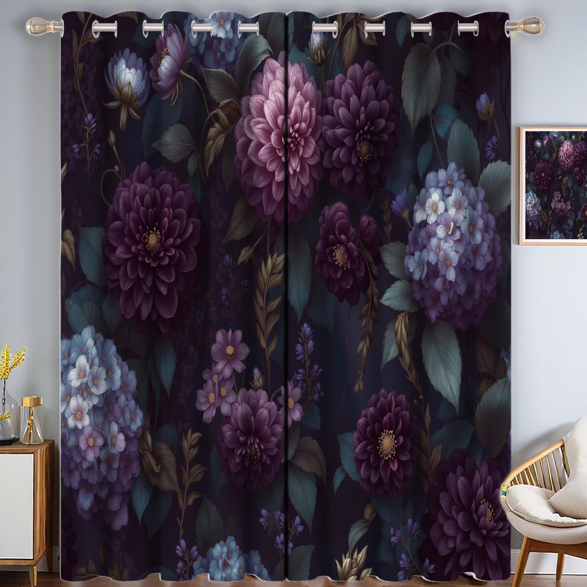 Rideau occultant thermique pour chambre de style rétro floral hortensia violet