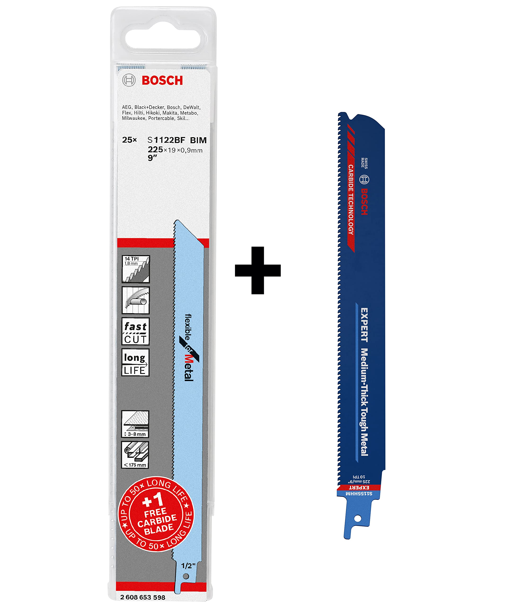 Bosch Professional 25x S 1122 BF + 1x Lame per seghe universali S 1155 HHM Expert `Medium-Thick Tough Metal` (per Acciaio resistente, Lamiere di acciaio inossidabile, accessorio Sega universale)