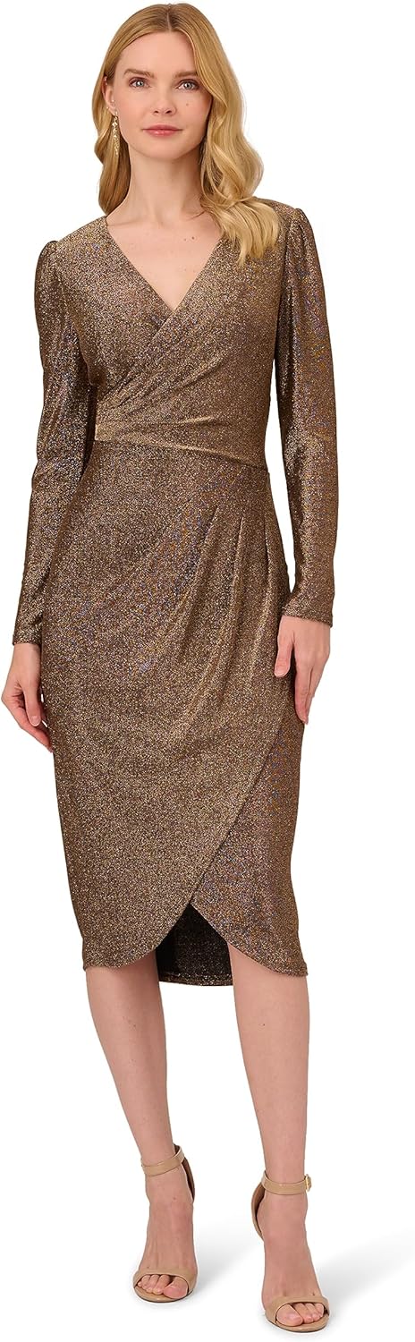 Adrianna Papell Womens Metallic Knit Draped Dress