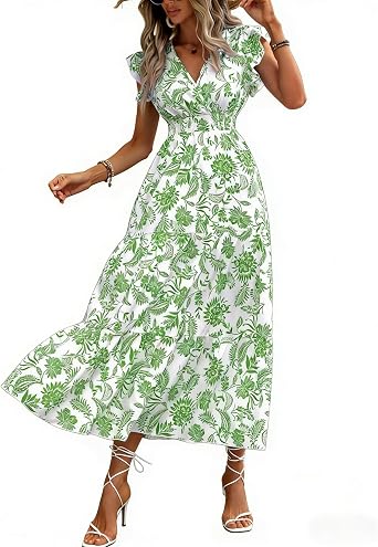 JTENGYAO Womens Summer Dresses 2026 V Neck Hollow Out Eyelet A Line Flowy Boho Beach Vacation Wedding Guest Green