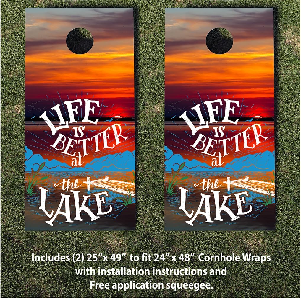 Cornhole Wraps #438 - Life is Better At The Lake Cornhole Board Graphic Decals - Includes Application Squeegee - Set of (2) 25" x 49" Wraps with Gloss Laminate