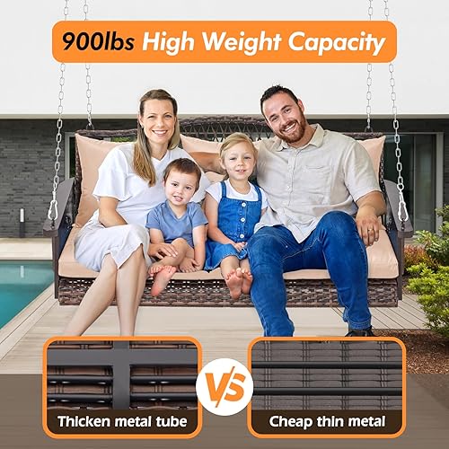 Miniatura 3 de Columpio colgante de mimbre mejorado para porche, resistente de 900 libras, 3 asientos, para patio, para adultos, con cadenas colgantes de 8.9 pies,