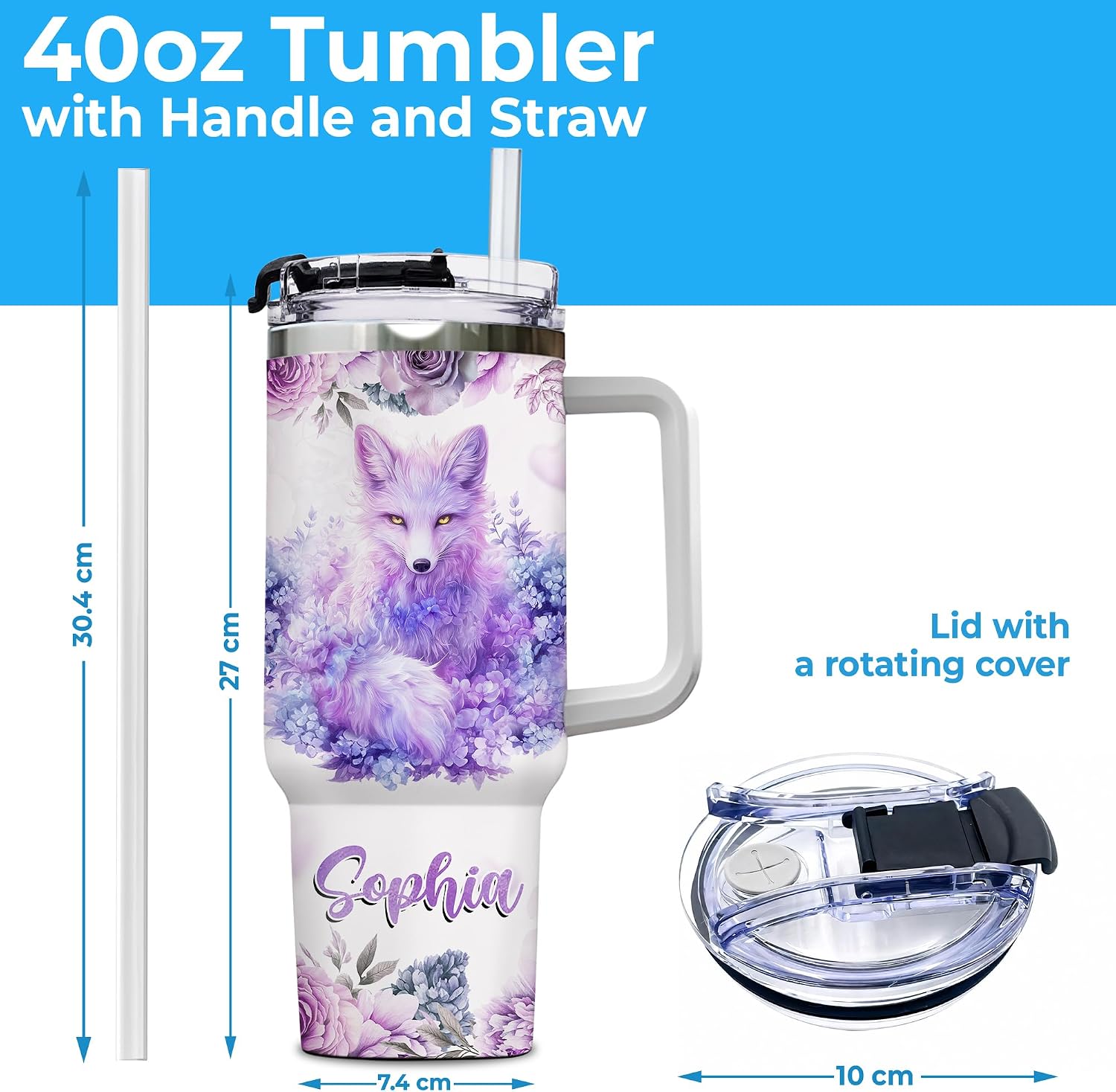 Hyturtle Personalized Fox Gifts for Women, Purple Fox 40oz Tumbler with Handle and Straw, Best Birthday Christmas Gift Ideas for Girls Custom Name Stainless Steel Travel Cup With Lid