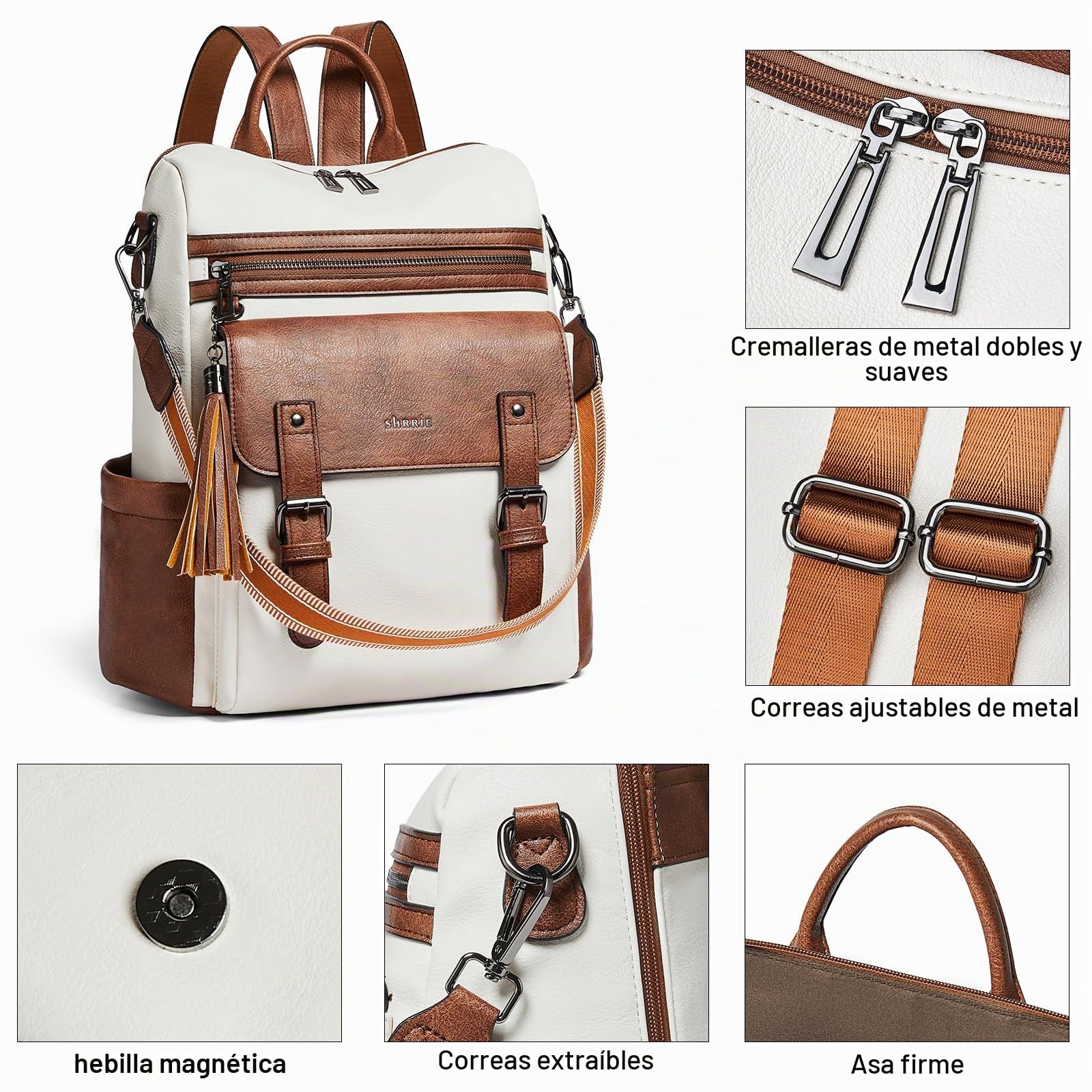 Shrrie Mochila para Mujer Cuero Vegano,Impermeable Antirrobo,Elegante para Portátil,Correa Ajustable con Asa y Bandolera Multifuncional para Diario,Trabajo,Viaje,Escuela y Compras.