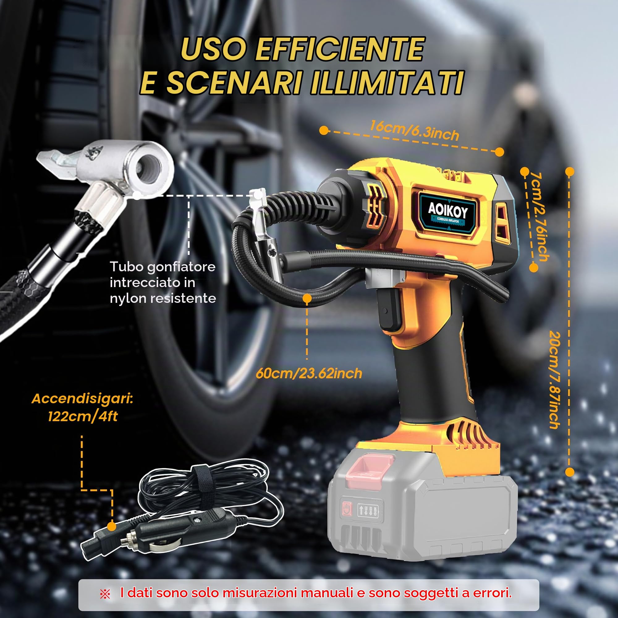Mini Compressore Portatile, Compressore Auto Senza Fili Compatibile con Batteria Dewalt 21V, 160PSI Compressore Aria Portatile con LED e 3 Ugelli, per Auto, Moto, Bicicletta, Senza Batteria