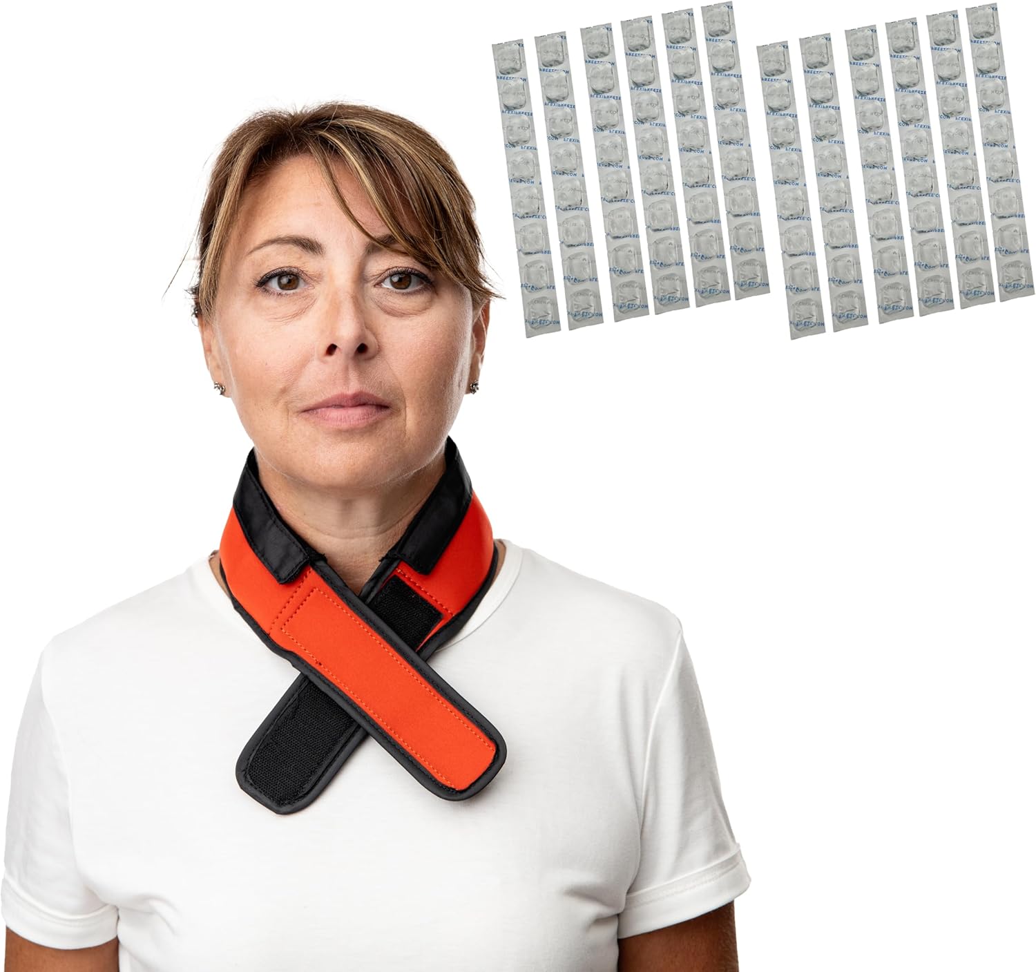 FlexiFreeze Cooling Collar - Neck Cooling Ice Wrap for People, Orange and FlexiFreeze Cooling Collar Refill Ice Strips, (12 Pack)