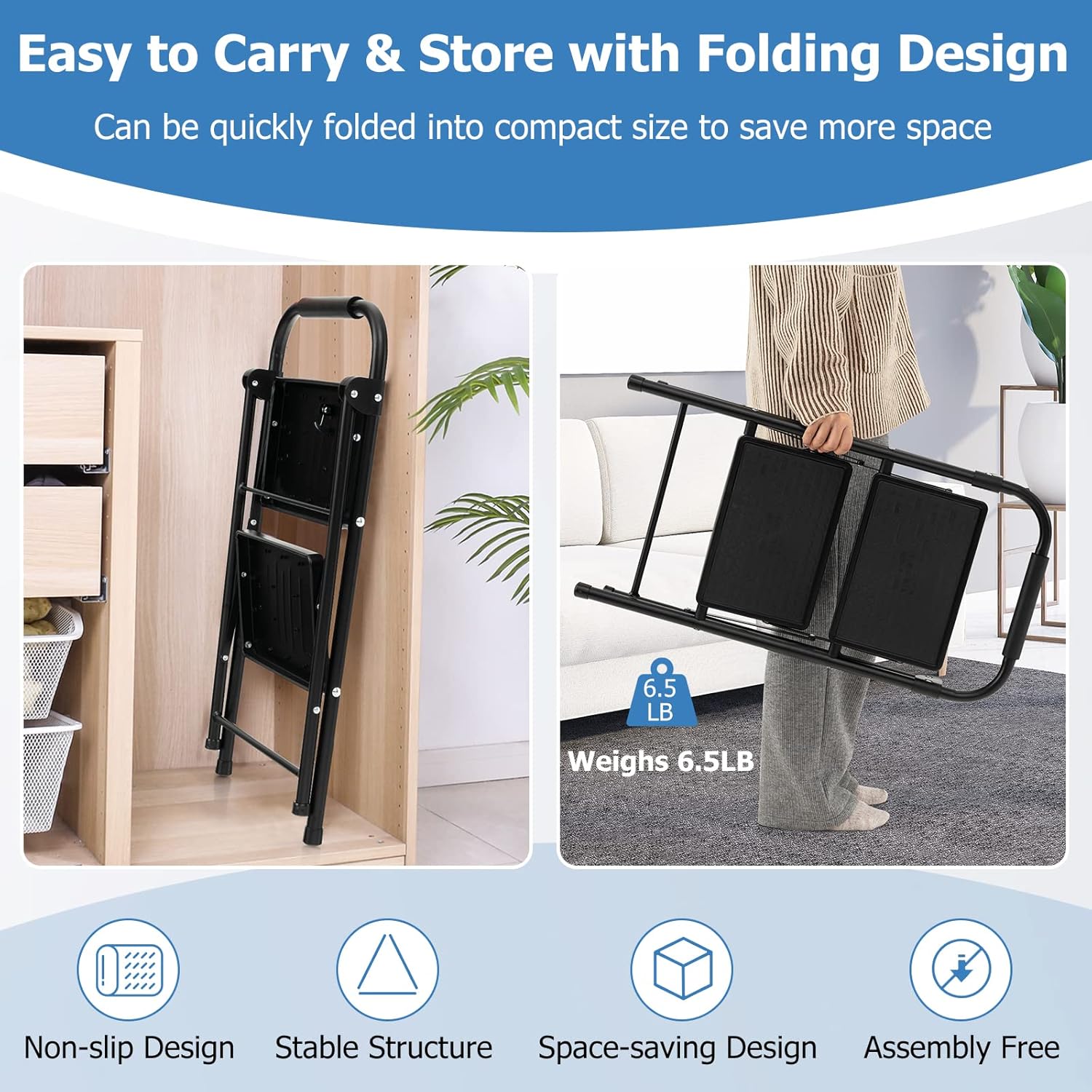 Nightcore 2 Step Ladder, Folding Step Stool w/Padded Handgrip & Wide Anti-Slip Pedal, Lightweight Portable Metal Tool Ladder, 330 LBS Capacity, Multi-Use Sturdy Ladder for Kitchen & Household
