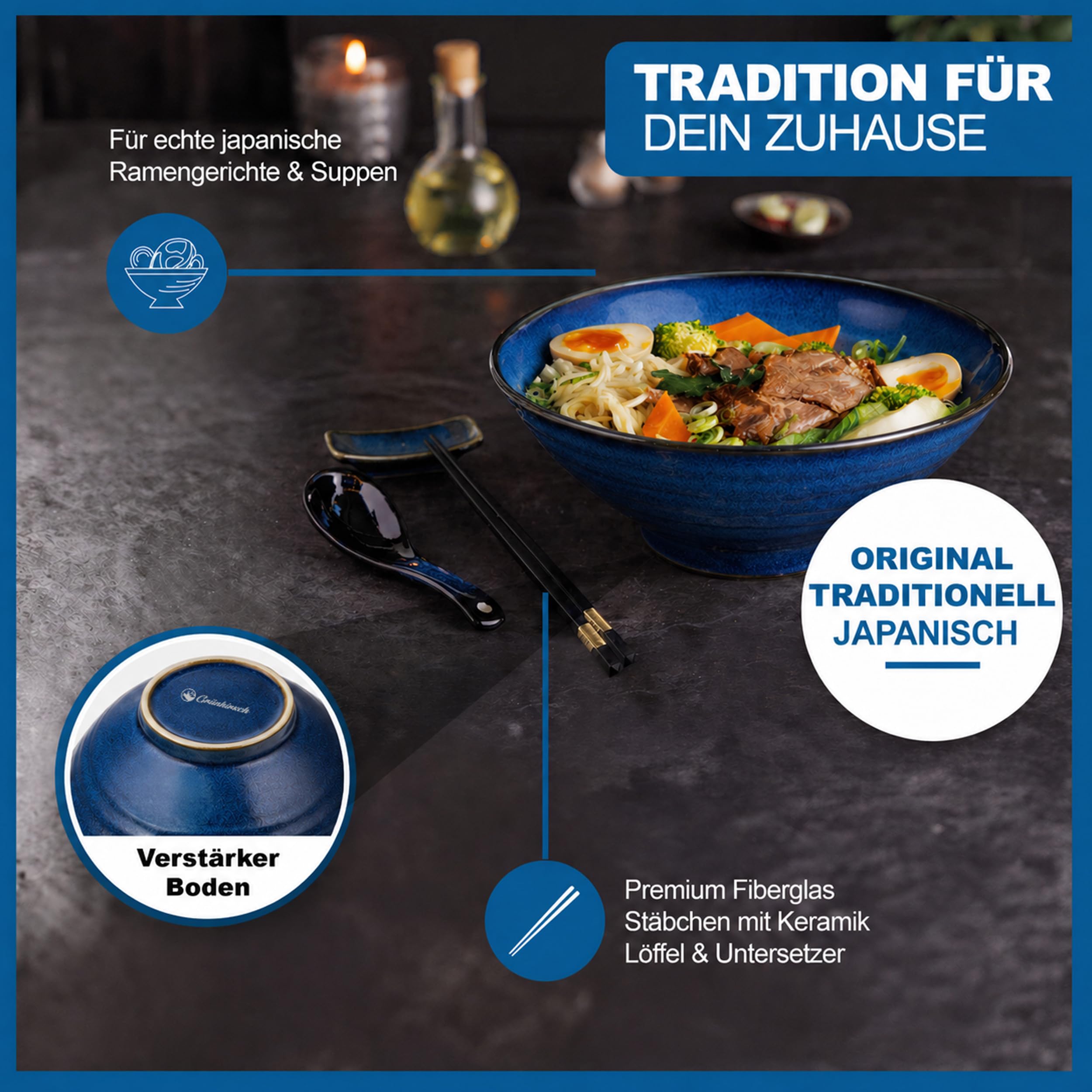Premium Ramen Schüssel 8-teiliges Set im JAPANISCHEN DESIGN - Keramik Ramen & Suppen Bowl inkl. Essstäbchen & Löffel - Geschirr & Schale asiatisch für Pho-Suppe, Müsli & Salat