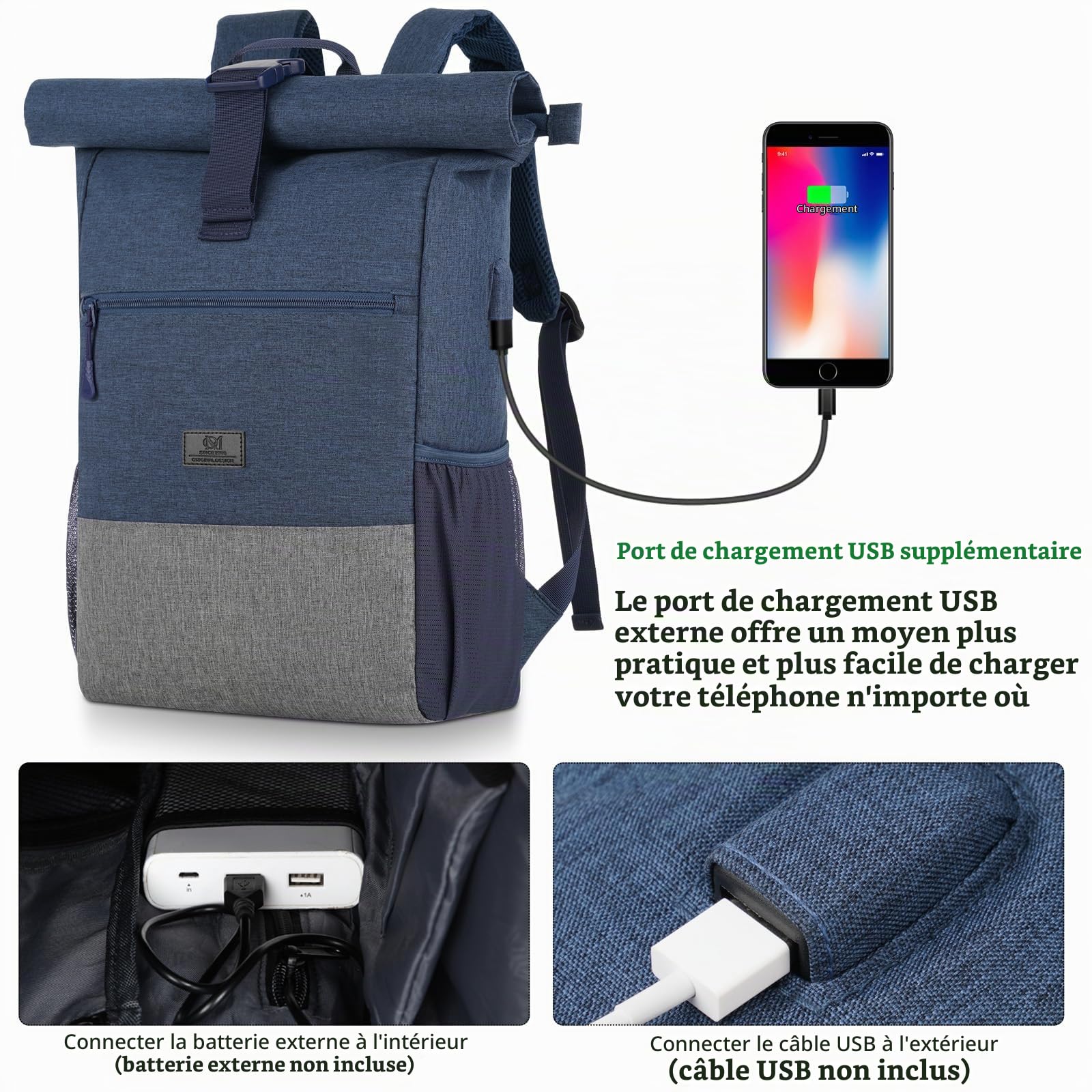 Rolltop Sac à dos pour ordinateur portable 17,3" pour homme, pour université, affaires, vélo, voyage, école, adolescent, bleu gris