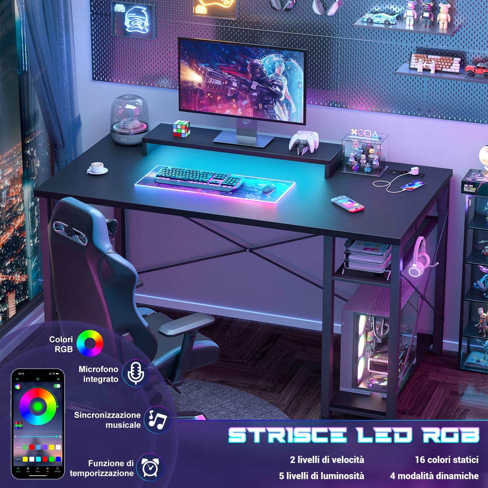 iSunirm Scrivania Gaming con Supporto per Monitor e Ripiano di Stoccaggio,Scrivania Computer con 2 Prese e 2 Porte USB,Scrivanie Moderne per Ufficio e Studio,100x50x75cm,Nero