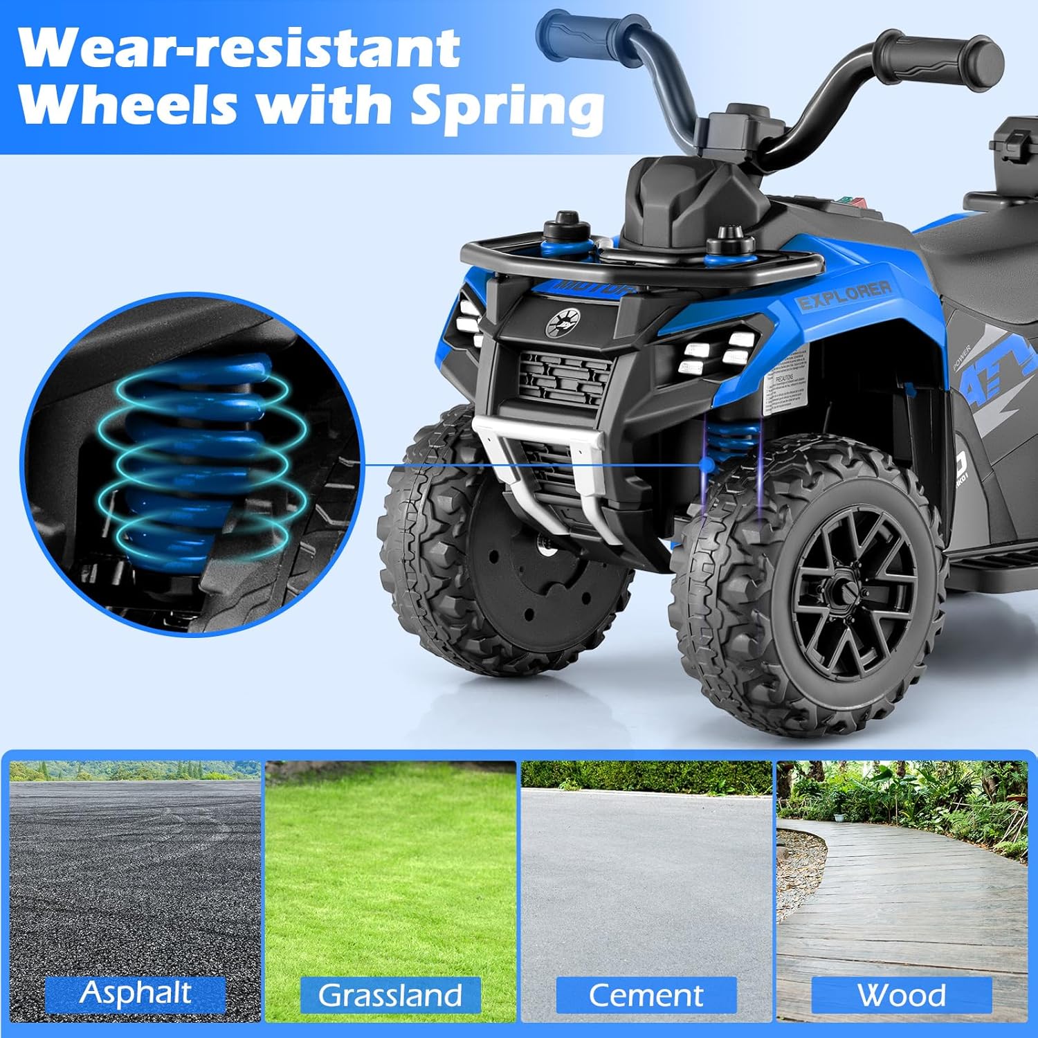 OLAKIDS Kids ATV with Spray Function, Remote Control, Storage Trunk, 6V Toddler Ride on Toy, Blue