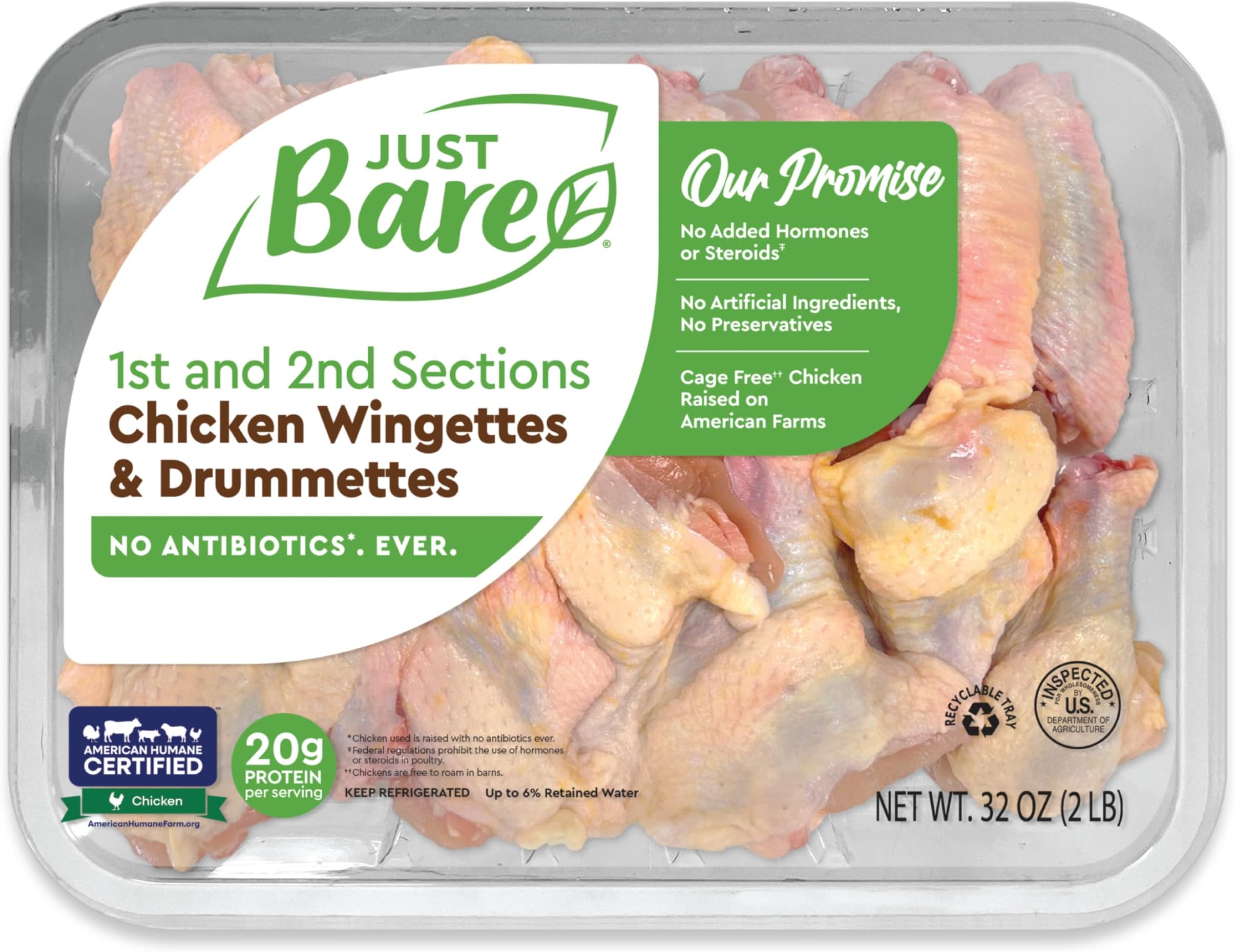 Just Bare® All Natural Fresh Chicken Wingettes & Drumettes | Family Pack | No Antibiotics Ever | Bone-In | 2.0 LB