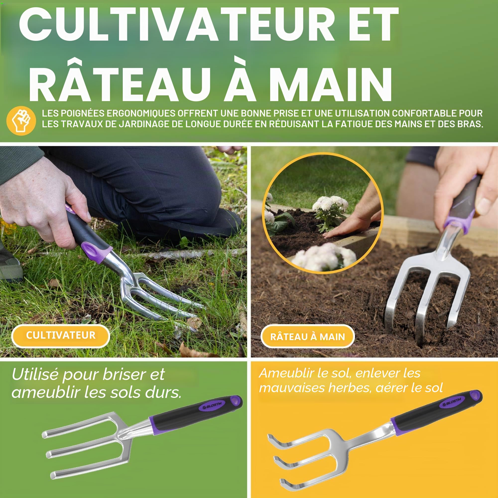 BLOSTM Ensemble d'outils de jardinage 11 pièces – Kit d'outils de jardin robustes avec sac fourre-tout imperméable – Truelle de jardin antirouille avec poignées ergonomiques – Cadeaux de jardinage