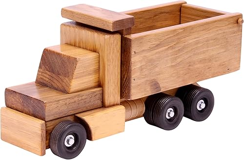 AmishToyBox.com Camión volquete de madera de juguete - Ruedas giratorias reales y cama de descarga (grande)
