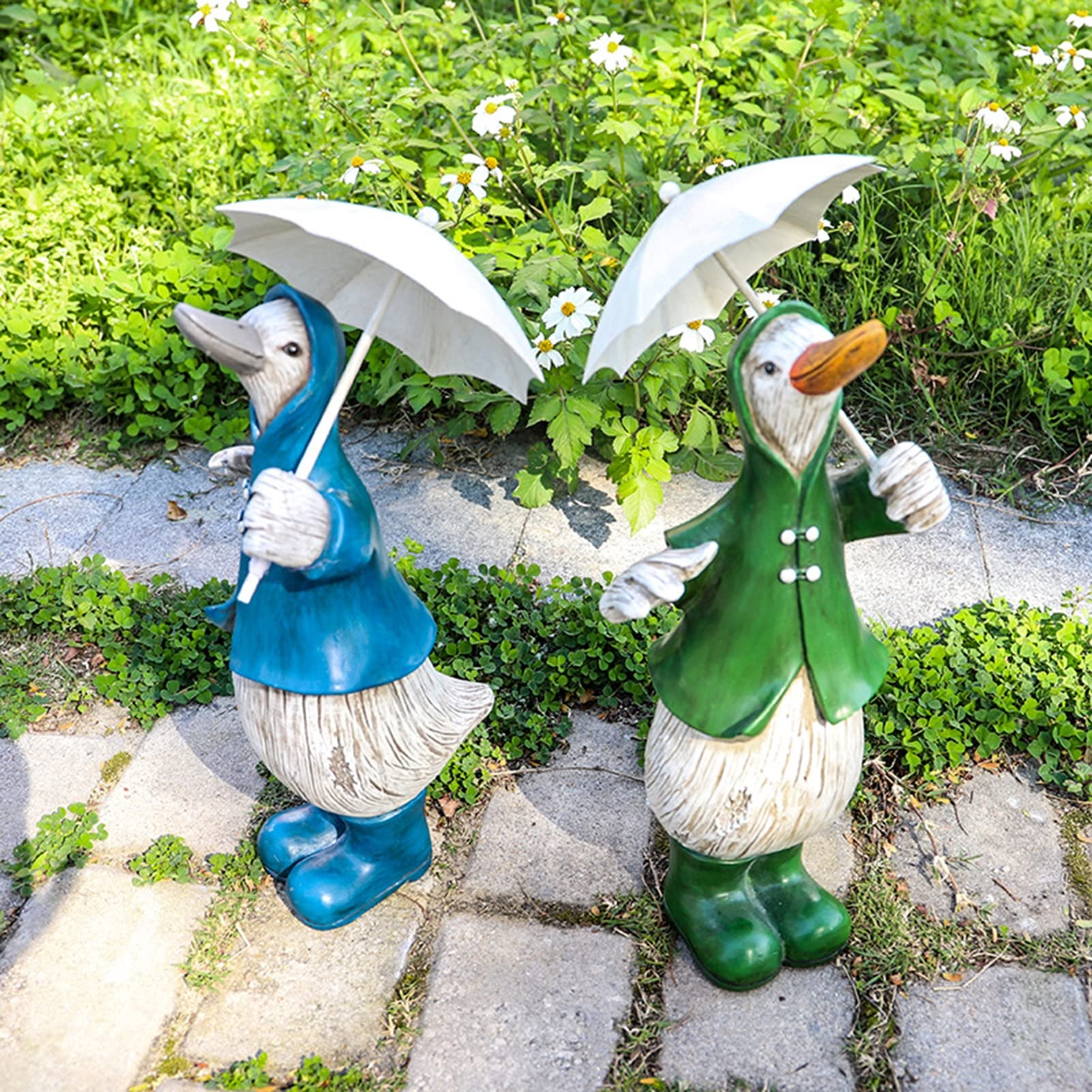 Figurka zwierzęcia ogrodowego, realistyczna rzeźba z kreskówki kaczki z parasolem, trwała żywiczna statua, ozdoba patio, podwórka, biura lub trawnika, zielona(Niebieski