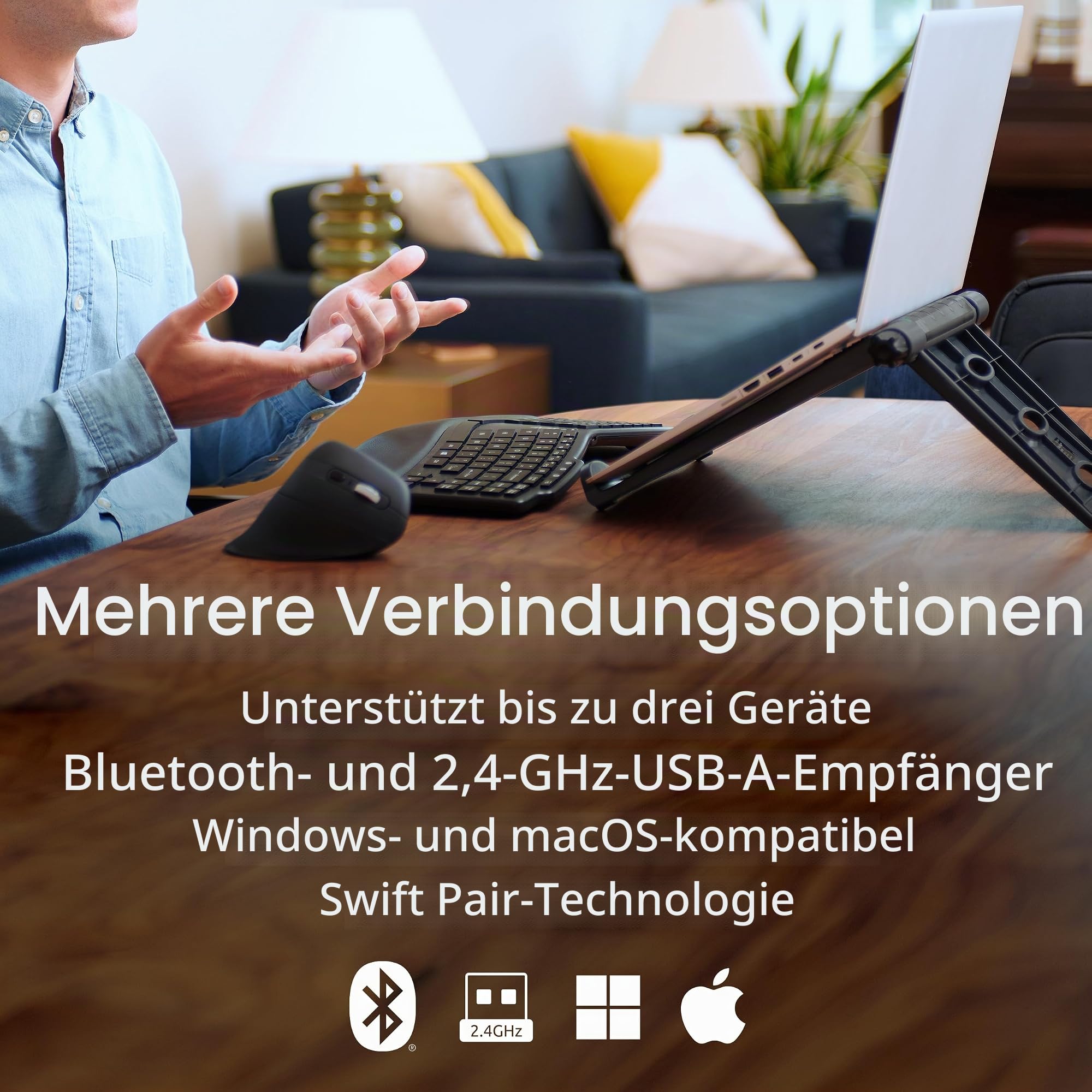 Kensington Pro Fit Ergo KB675 EQ Tastatur, QWERTZ, 2,4 GHz Bluetooth, kabellose, aufladbare TKL-Tastatur, kompatibel mit Windows und macOS, aus 43 % Post-Consumer-Recyclingmaterial (K75491DE)