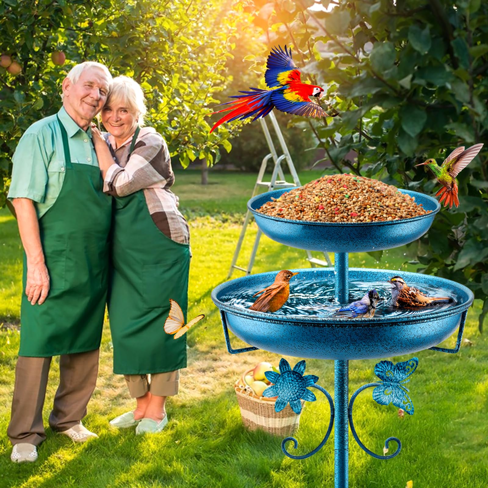 Vasca per uccelli in metallo per esterni, 106 cm, doppia vasca per uccelli e mangiatoia per uccelli, ciotola per uccelli per esterni, giardino, patio, cortile, prato, base aggiornata a 5 punte