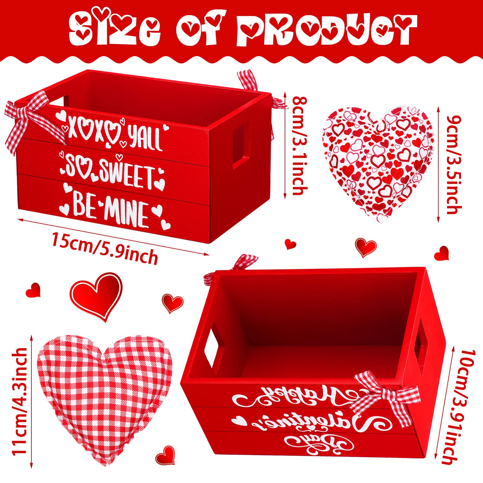 Valentine's Day Mini Wooden Crate Set Valentine's Day Tiered Tray Decor Wooden Basket with Felt Heart Ornaments Valentine Table Decor for Kitchen Home Decor (Sweet Heart Style)