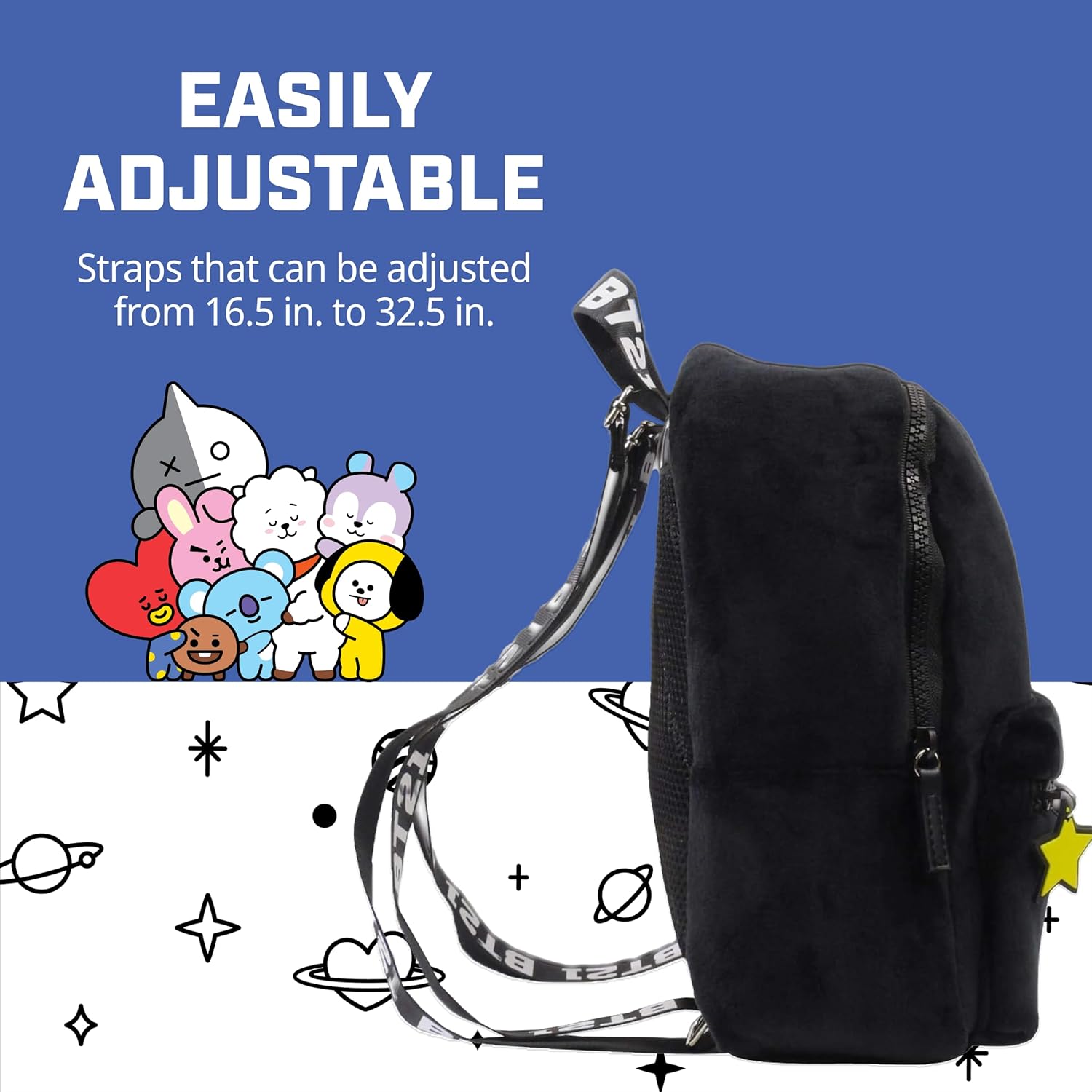 Concept One BT21 LINE FRIENDS Backpack, Plush Mini Travel Bag for Men and Women, Black, 9.5 Inch