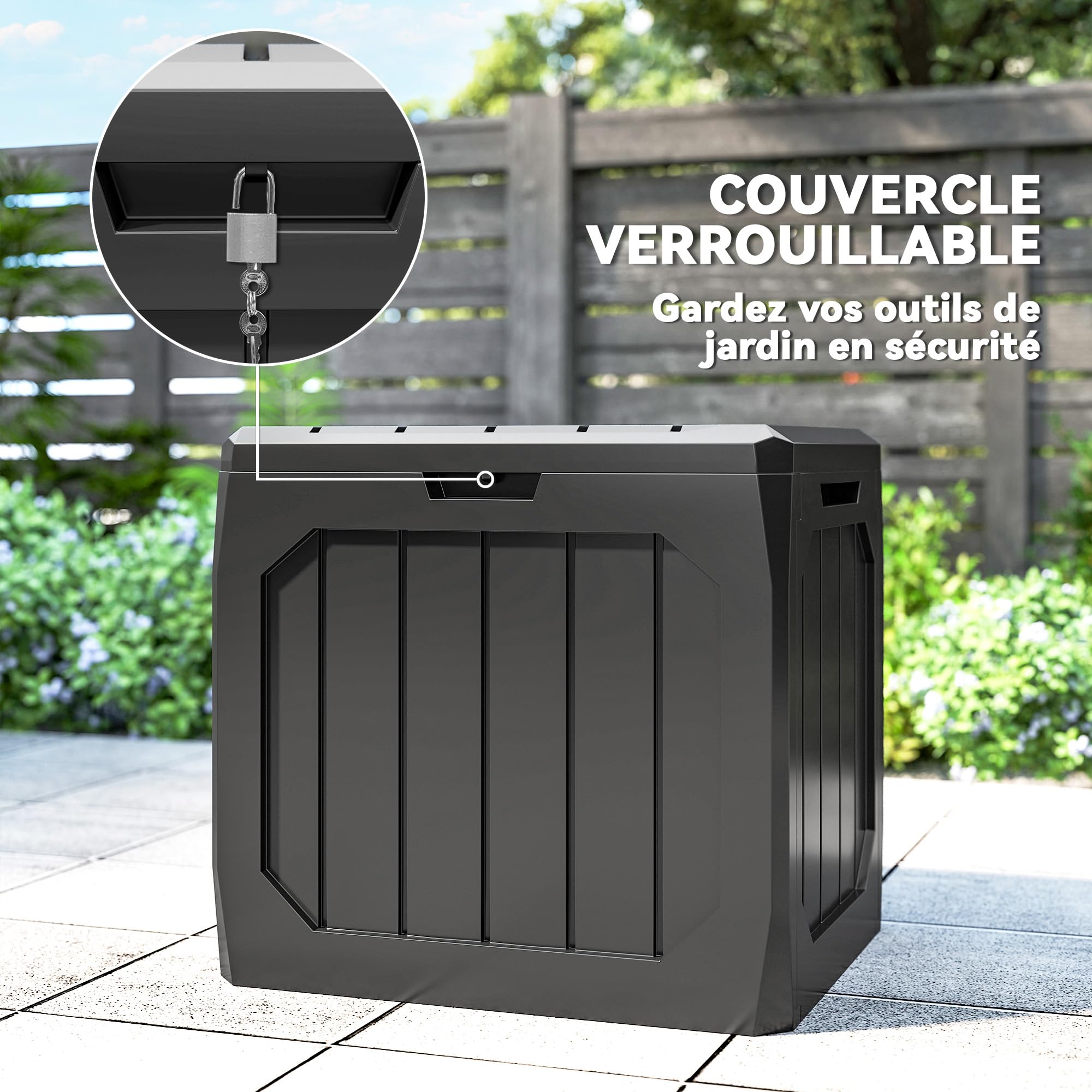 Outsunny Coffre de rangement exterieur 121L avec Poignées 56x45x53 cm Noir | Coffre de Jardin, Conteneur Étanche, Malle de Rangement en PP, Extérieur Intérieur Jardin Terrasse