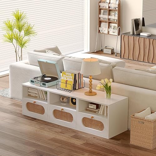 Miniatura 3 de FurniNova Soporte modular 3 en 1 para TV con puertas de ratán, consola multimedia para bricolaje, centro de entretenimiento bohemio, gabinete de TV