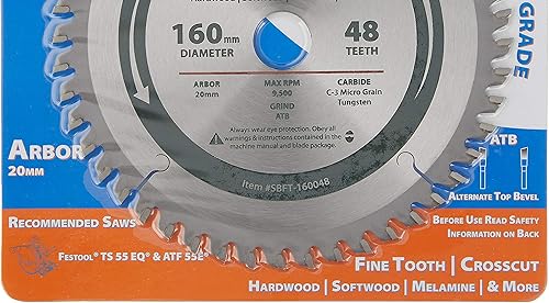 Miniatura 3 de Oshlun SBFT-160048 - Hoja de sierra ATB de corte transversal FesPro de 6299in y 48 dientes con cenador de 0787in para Festool TS 55 EQ DeWalt DWS520