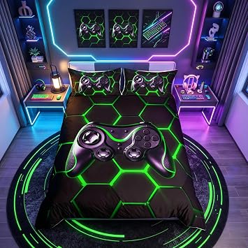Loussiesd Boys Teens Gaming Duvet Cover Set Kids Video Game Gamepad Bedding Set Geometric Honeycomb Hexagon Comforter Cover Gaming Game Controller Bedspread 3Pcs Double Size,Black,Green