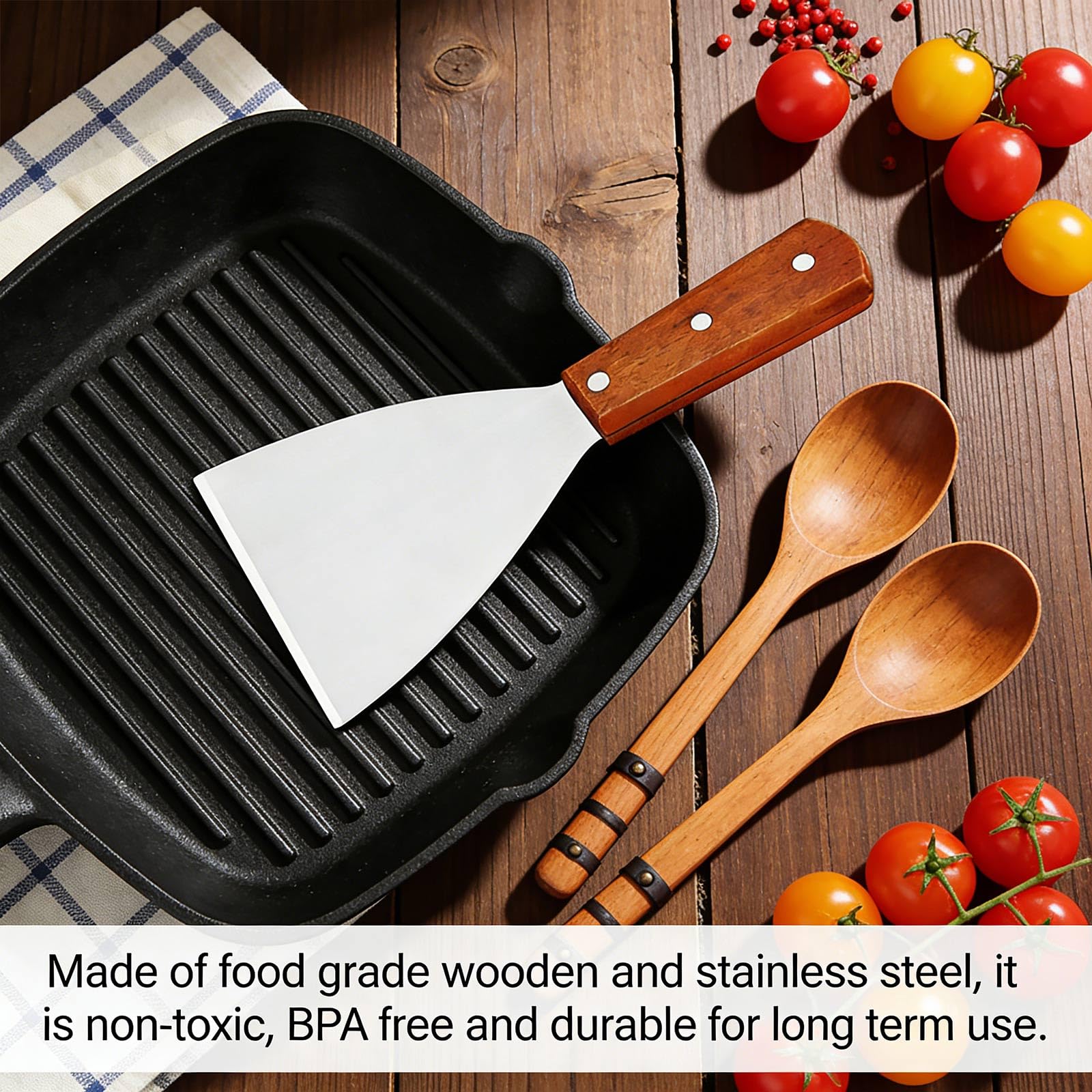 Griddle Scraper, Stainless Steel Burger Flipper, Non Stick Pizza Spatula, Heat Resistant BBQ Scraper Wooden Handle Grill Scraper for Food Service Cooking Cleaning, for Home Kitchen — view 6