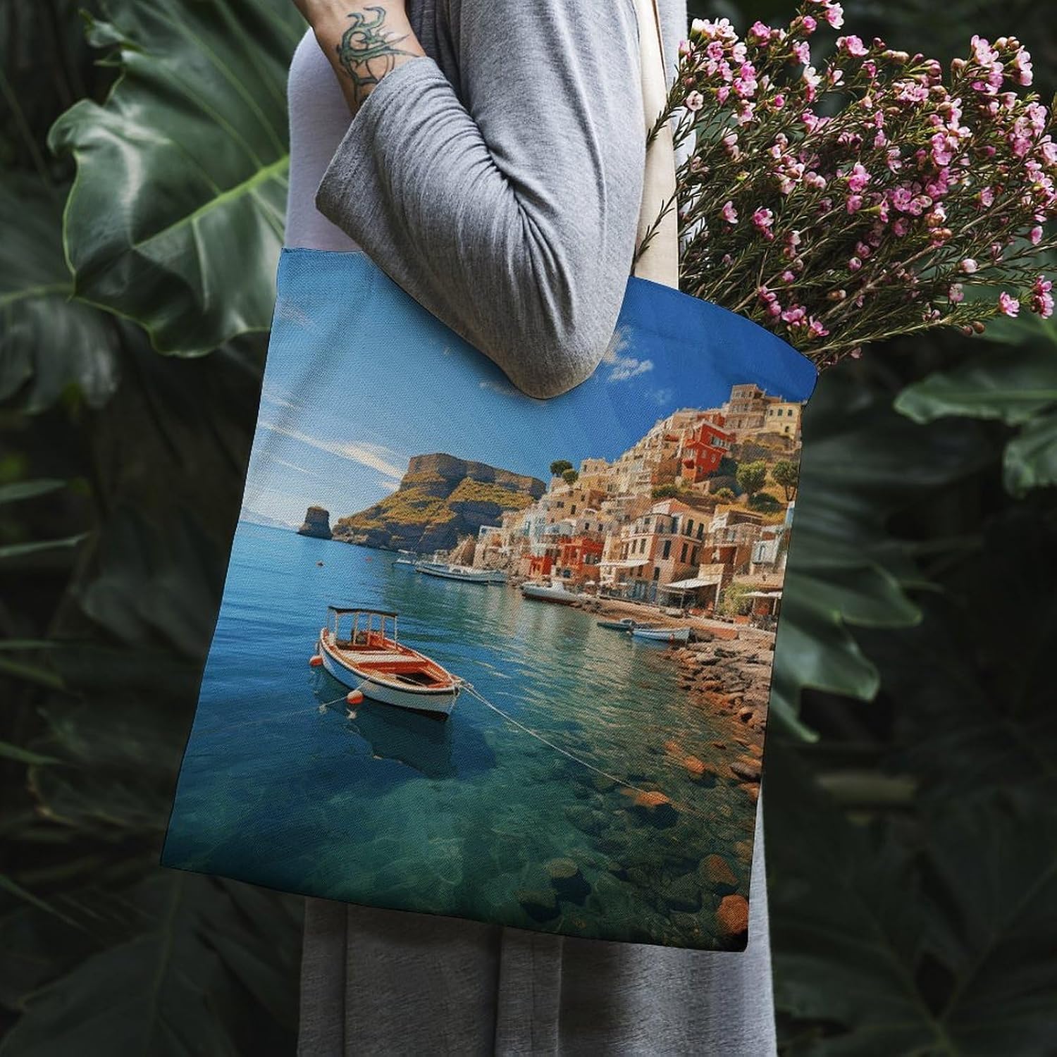 Seaside Town Canvas Tote Bag Reusable Grocery Bags Foldable Soft Cotton Shoulder Carry Bag