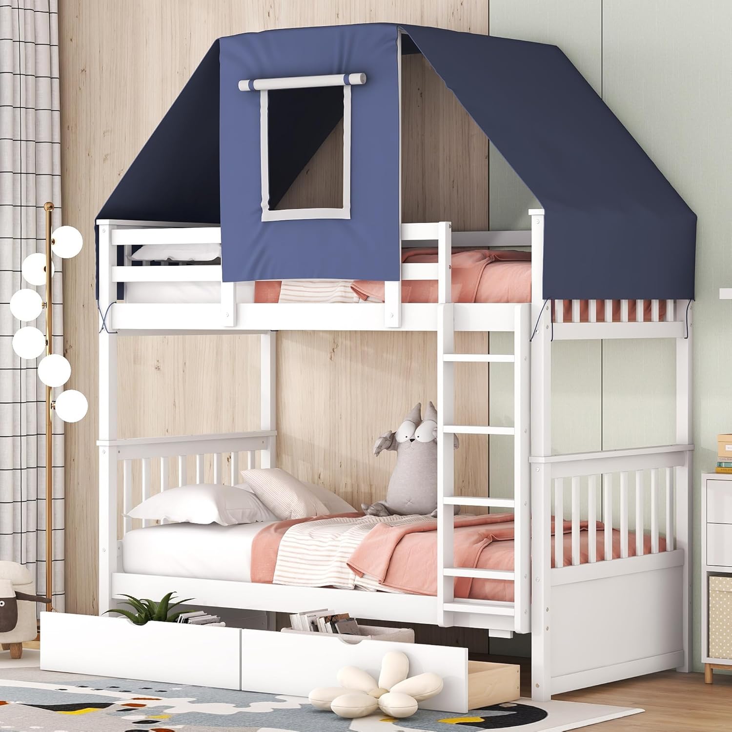SENZZ House Bunk Bed with Drawers, Twin Over Twin Bunk Bed with Tent, Wood Bedframe with Roof for Boys,Girls, Bedroom Furniture (White+Blue Tent, Twin)