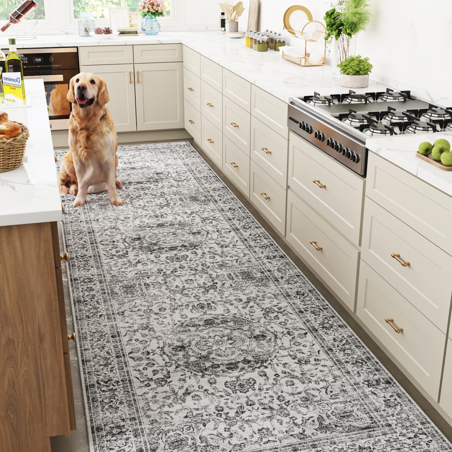 2x6 Gray Washable Non-Slip Runner Rug – Machine Washable, Stain Resistant Carpet Mat for Hallway, Kitchen, Bathroom, Living Room, Laundry Room, and Bedroom (2x6, Gray)