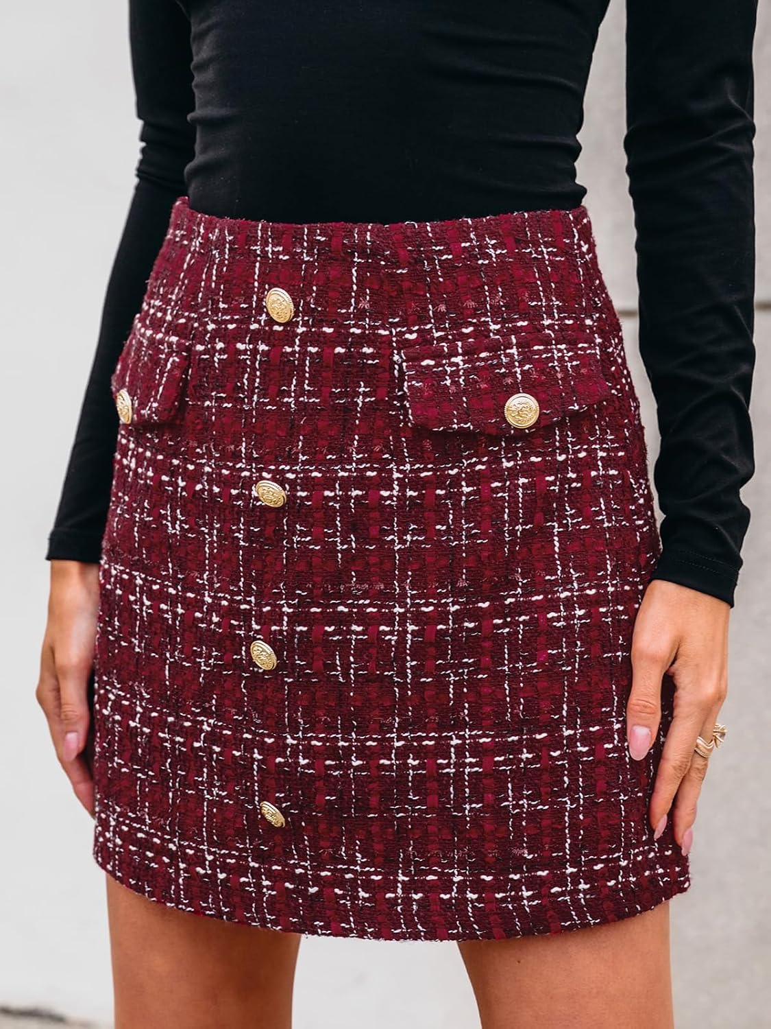 CUPSHE Women Mini Plaid Skirts Tweed High Waist Bodycon Pencil Hem Fall Winter Dressy Outfits Shorts - Image 6