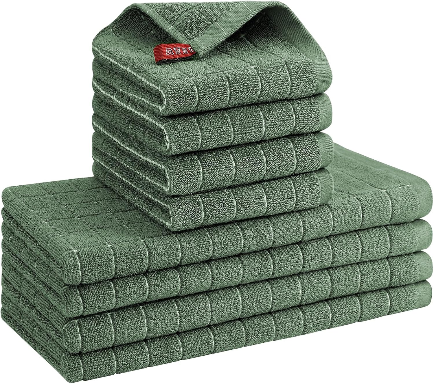 Kitinjoy 100% Cotton Kitchen Towels and Dishcloths Set, Grass Green | Checkered Designed Set of 8 Kitchen Towels Set, Soft and Super Absorbent Dish Cloths, 12 x 12 Inches and 13 x 28 Inches