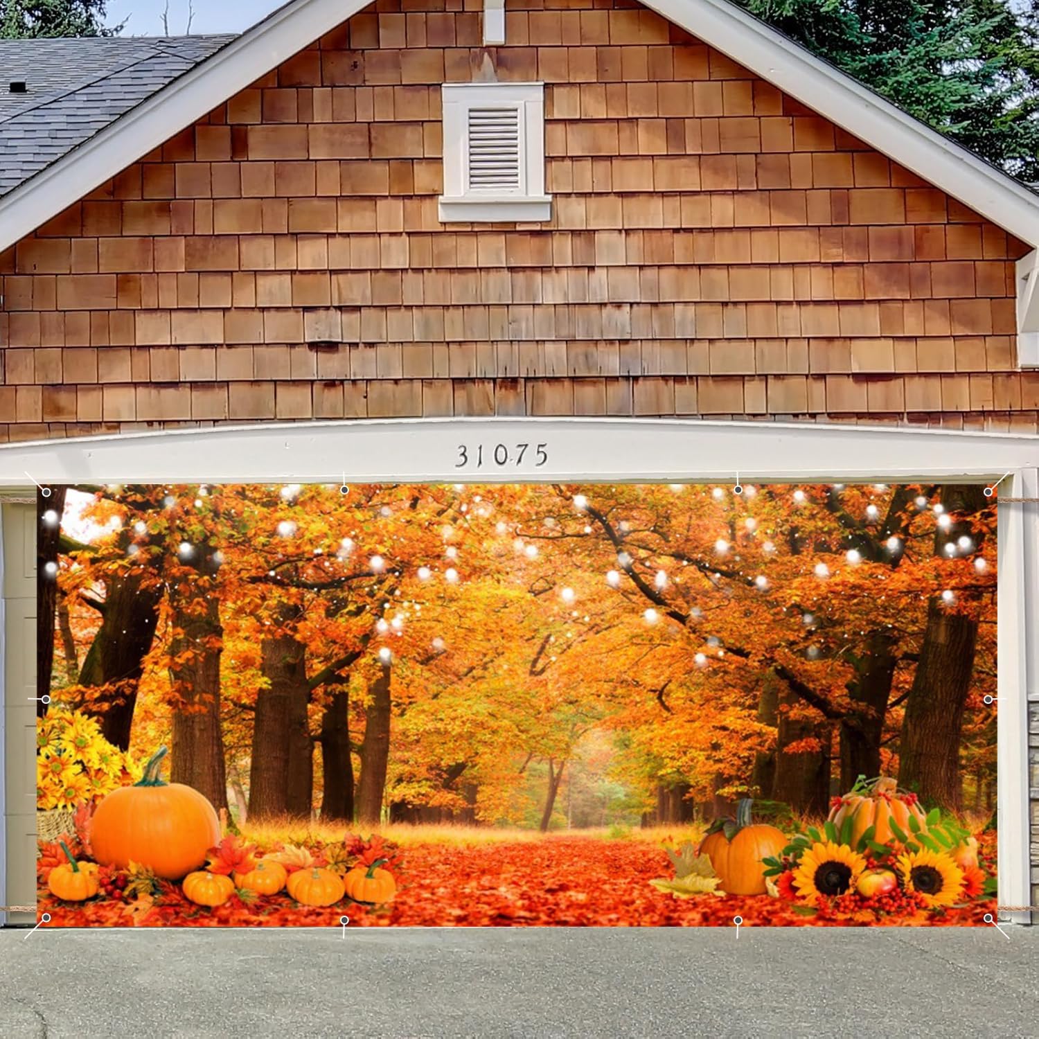 Fall Thanksgiving Garage Door Cover Decorations, Autumn Forest Banner Backdrop, Maple Forest Pumpkin 7x16ft Large Hanging Outdoor Holiday Decoration