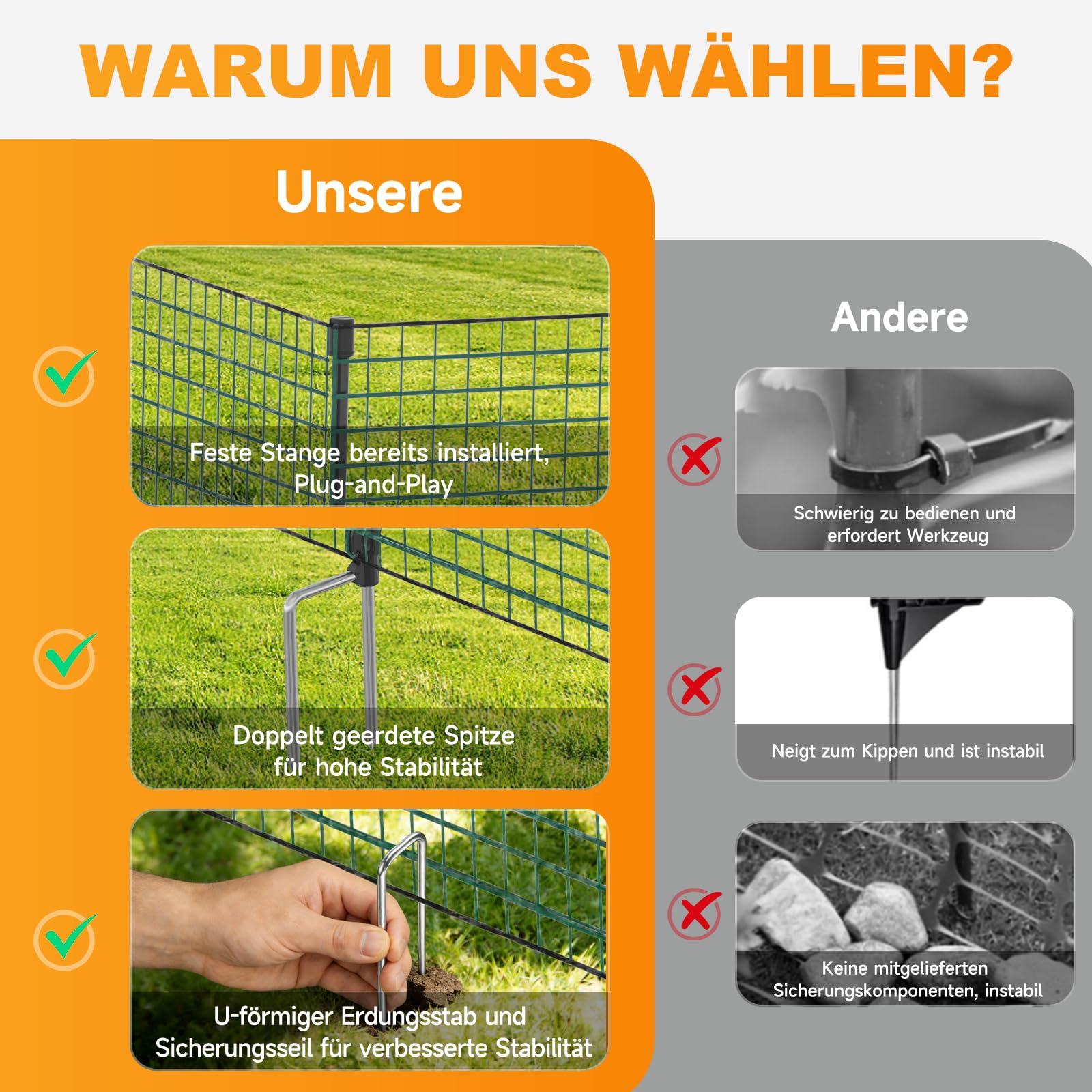TEOV Mobiler Hundezaun 20m x 0.9m, Tragbarer Camping Zaun Komplett-Set, Universal Begrenzungszaun für Garten, Weide & Outdoor, Einfache Installation ohne Werkzeug