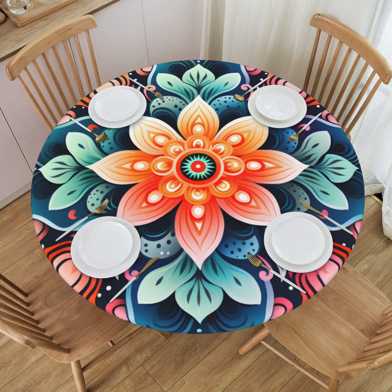 Mexpekil Round Fitted Table Cover with Elastic Edged Boho Flower Wipe Clean Tablecloth Waterproof Table Protector for Outdoor S fits 40-44 Inch Round Table