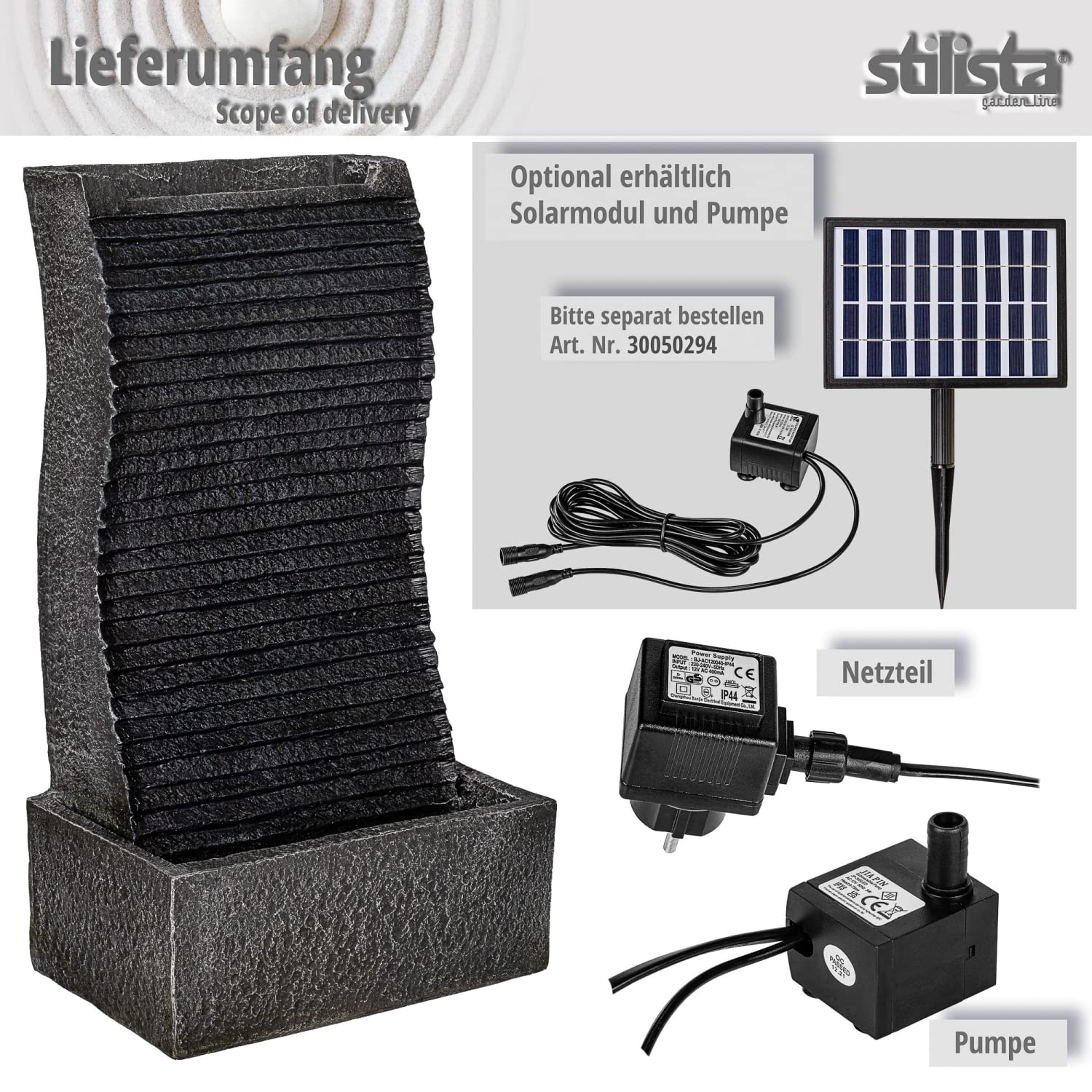STILISTA Gartenbrunnen Wasserfall 49 x 28 x 20 cm, mit LED Beleuchtung, inklusive Pumpe