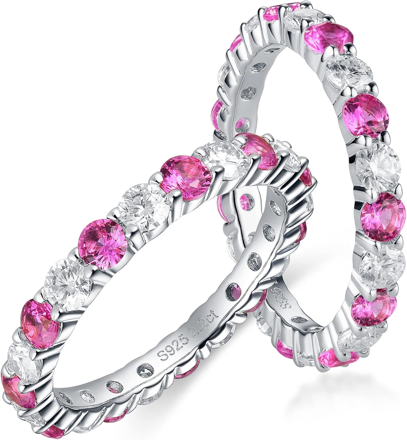 DovEggs Moissanite Wedding Band for Women 1.9-2.3ctw Total 3mm Cut GHI Moissanite&Pink Cut Sapphire Engagement Ring Full Eternity Stackable Wedding Moissanite White/Yellow/Rose Gold Plated Silver