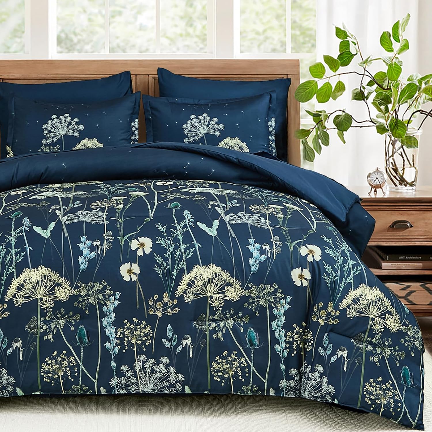 Yiran Navy Blue Floral Comforter Set Queen Size, 7 Piece Dandelion Botanical Spring Comforter Bedding Set, Bed in a Bag Queen, Soft Microfiber Complete Bedding Set with Sheets for All Season
