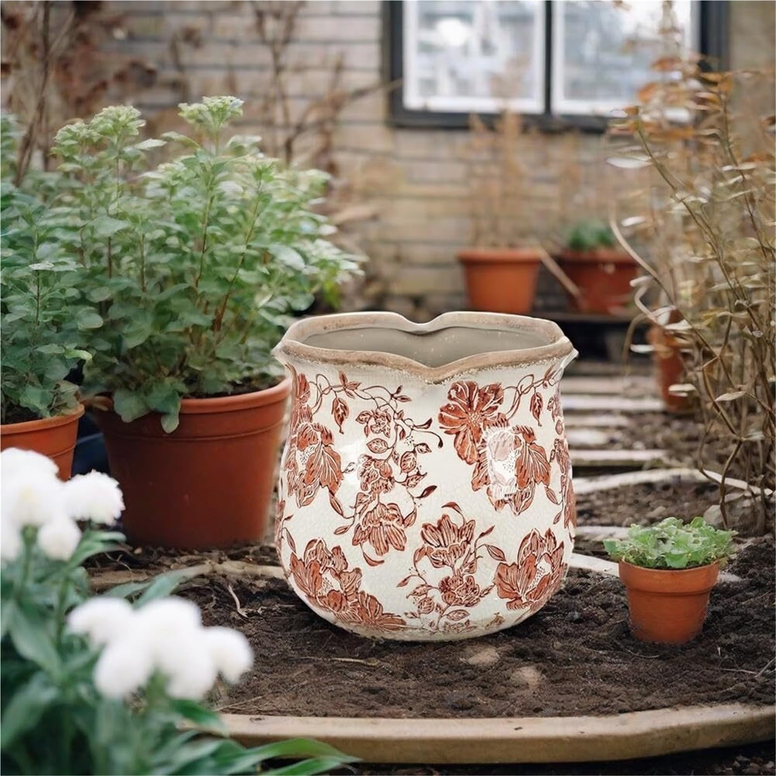 Vintage wazon na kwiaty Vintage ceramiczny wazon na kwiaty pęknięcia lodu kwiatowe granice dekoracje ogrodowe(czerwony)