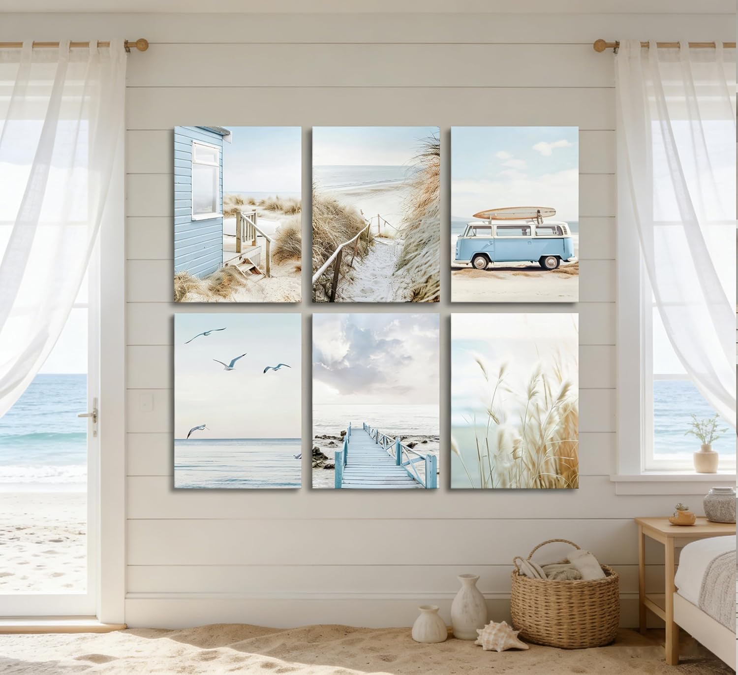 6Pcs Blue Coastal Beach Canvas Wall Art Summer Tropical Ocean Picture Wall Decor Nautical Surfboard Bus Posters Preppy Beach Painting Prints Artwork for Living Room Bedroom Bathroom Home Decoration