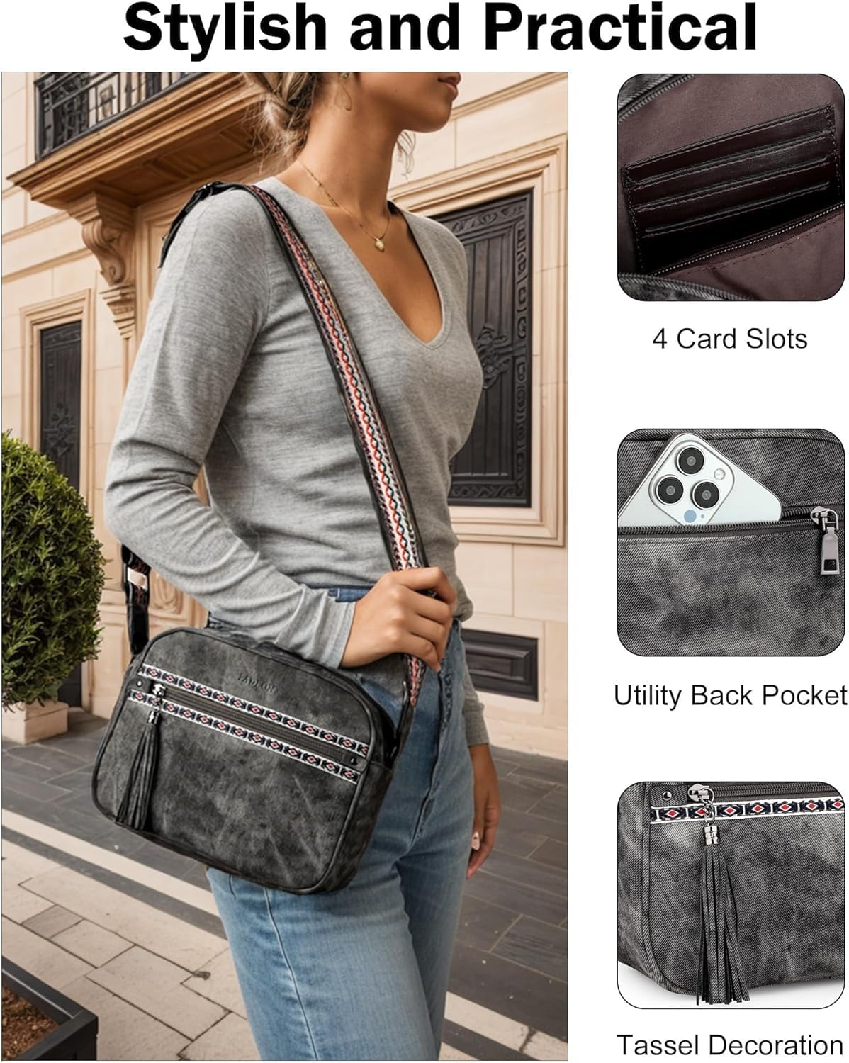 FADEON Crossbody Bags for Women Designer Vegan Leather Crossbody Purse Multi-pocket Medium Shoulder Bag with Card Slots - Image 6